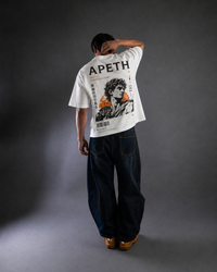 9ELIXIR Areté oversized tee — sepia portrait graphic on off-white heavyweight cotton, detail view