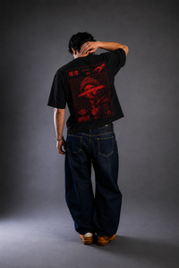 9ELIXIR Nemesis oversized tee — crimson portrait graphic on black heavyweight cotton, alternate view