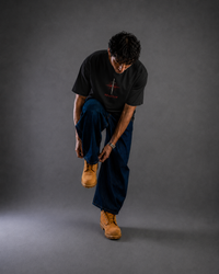 9ELIXIR heavyweight oversized tee in black — fabric and print detail