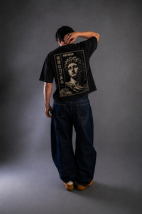 9ELIXIR Kallos oversized tee — marble bust graphic on washed-charcoal heavyweight cotton, alternate view