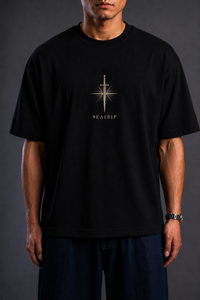 9ELIXIR heavyweight oversized tee in a dark colourway — fabric and print detail