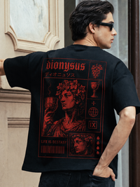 9ELIXIR Dionysus oversized tee — oxblood portrait graphic on black heavyweight cotton, front