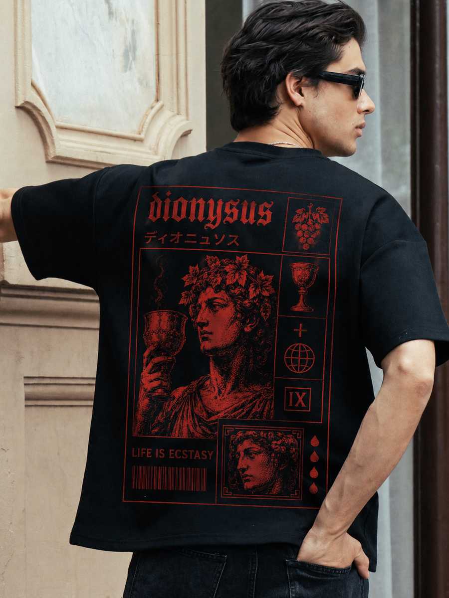 9ELIXIR Dionysus oversized tee — oxblood portrait graphic on black heavyweight cotton, front