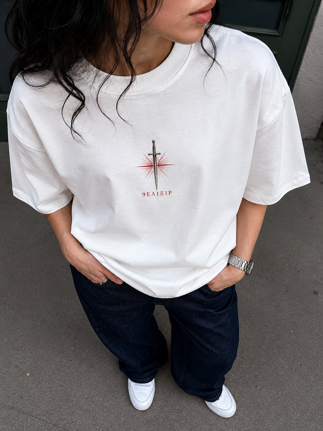 9ELIXIR Areté oversized tee — sepia portrait graphic on off-white heavyweight cotton, front