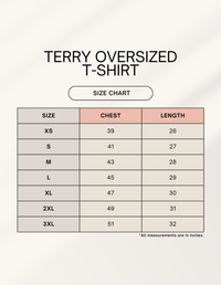 9ELIXIR oversized tee size chart — chest, length, shoulder and sleeve measurements in inches