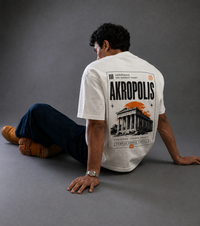 9ELIXIR Akropolis oversized tee — orange temple graphic on cream heavyweight cotton, alternate view