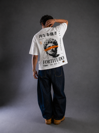 9ELIXIR Fortitudo oversized tee — marble bust and orange line on off-white cotton, alternate view
