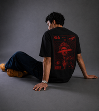 9ELIXIR Nemesis oversized tee — crimson portrait graphic on black heavyweight cotton, front