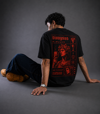 9ELIXIR Dionysus oversized tee — oxblood portrait graphic on black heavyweight cotton, alternate view