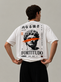 9ELIXIR Fortitudo oversized tee — marble bust and orange line on off-white cotton, front
