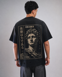 9ELIXIR Kallos oversized tee — marble bust graphic on washed-charcoal heavyweight cotton, front